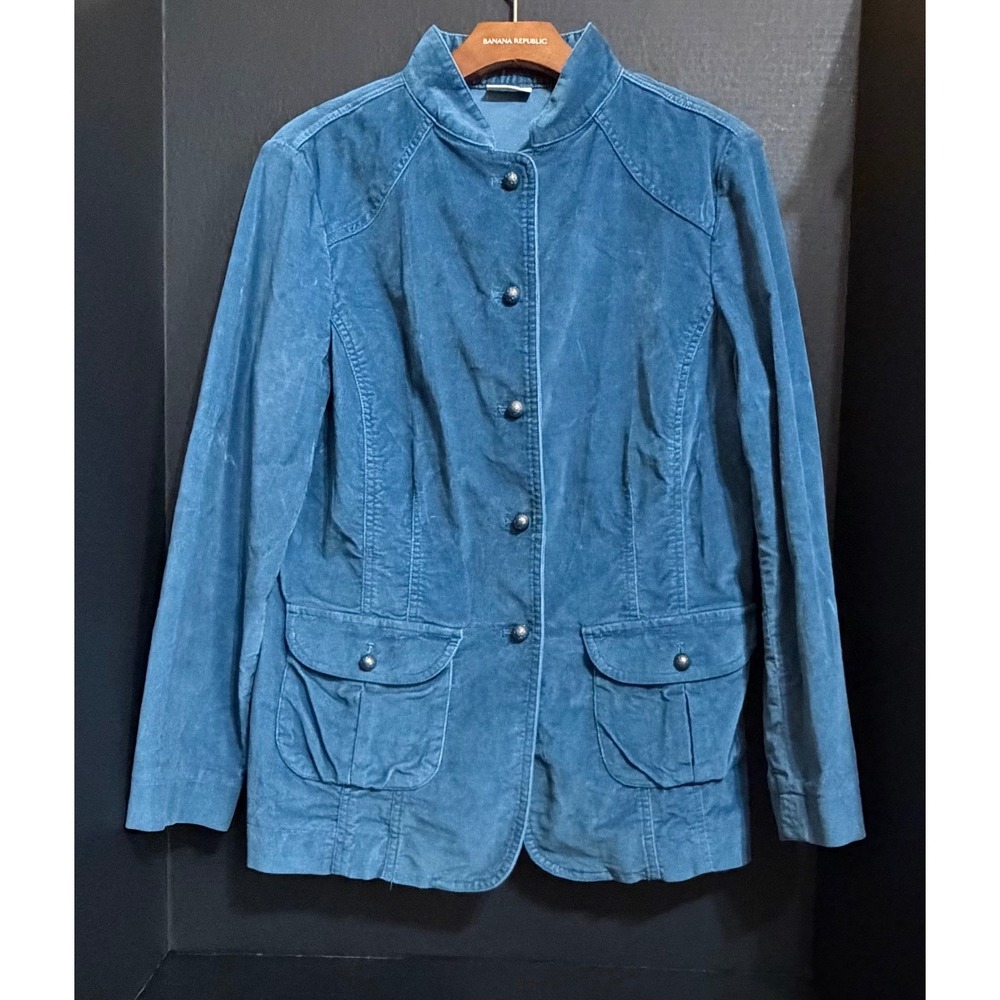 J Jill Teal Blue Corduroy Military Style Stand Collar Button Front Blazer Jacket